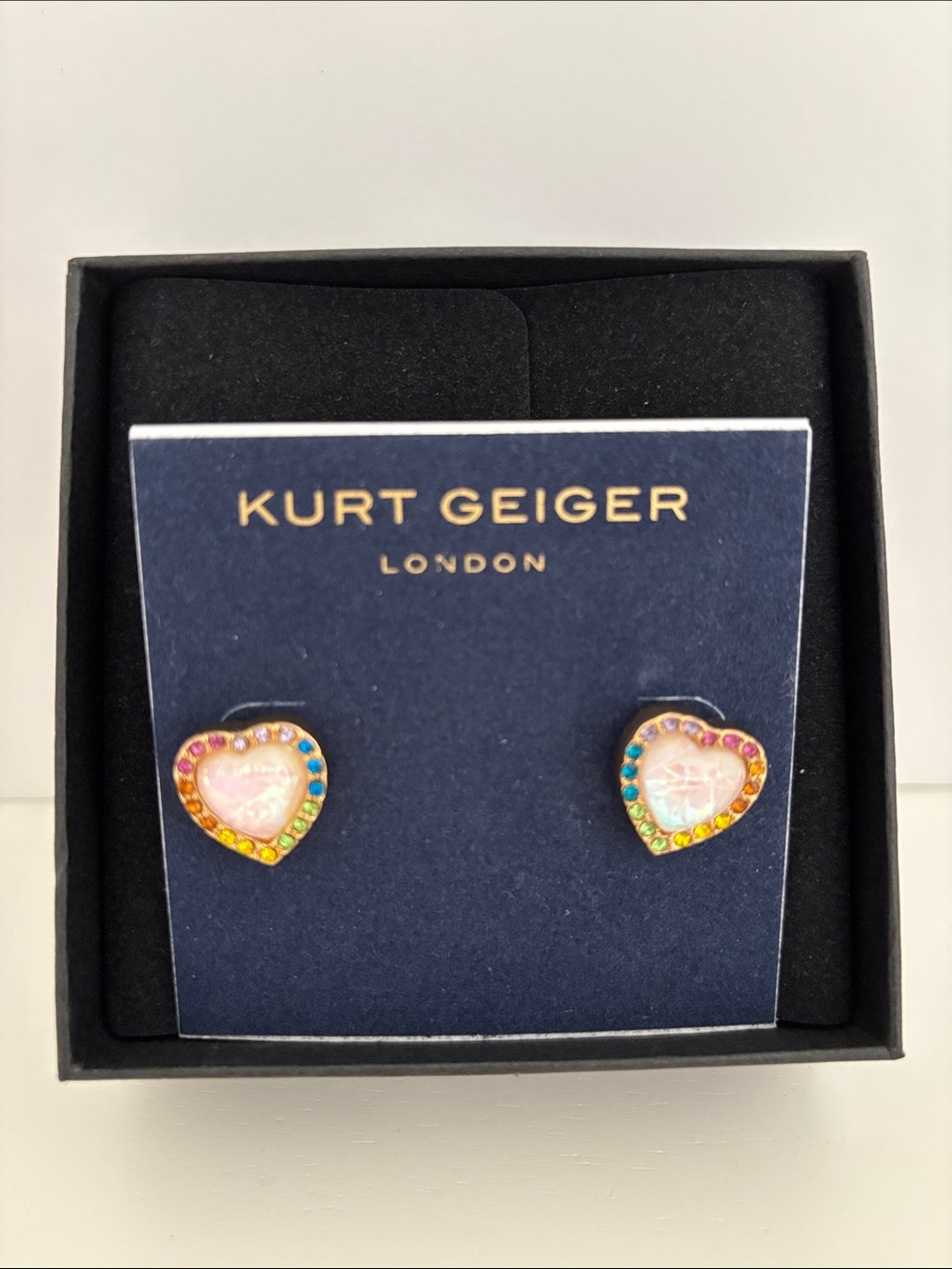 Kurt Geiger Gold Heart Stud Earrings with Pink Center and Multicolor Stones
